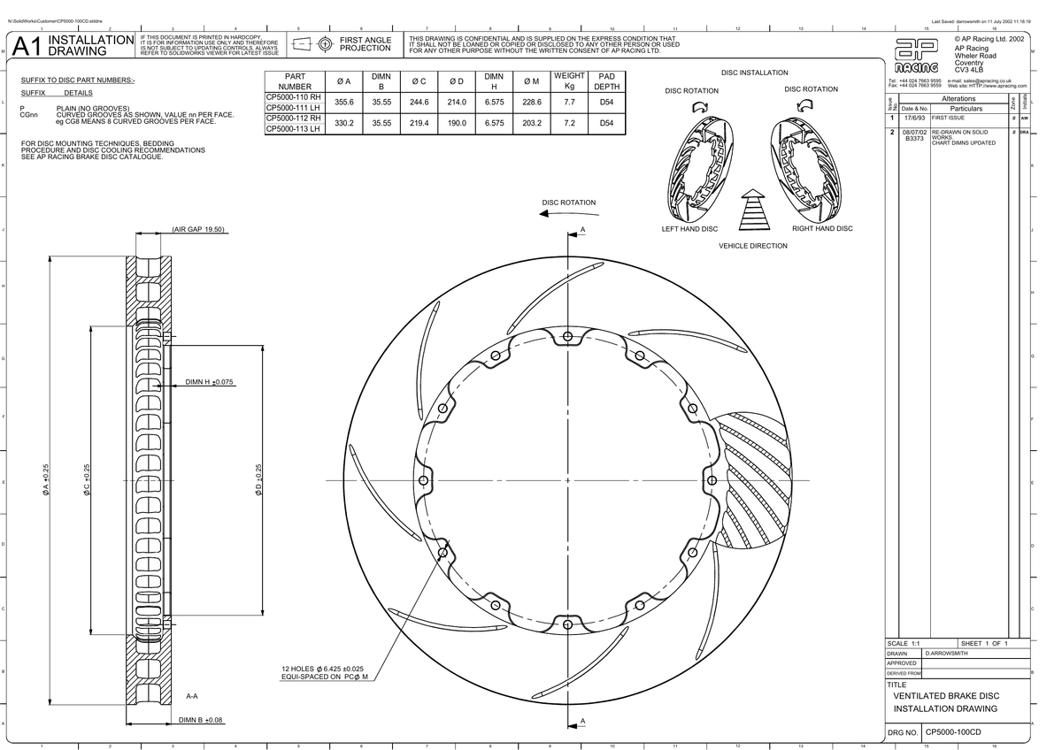 AP Racing Ventilated Brake Disc 356x36mm (CP5000-110/111) technical drawing