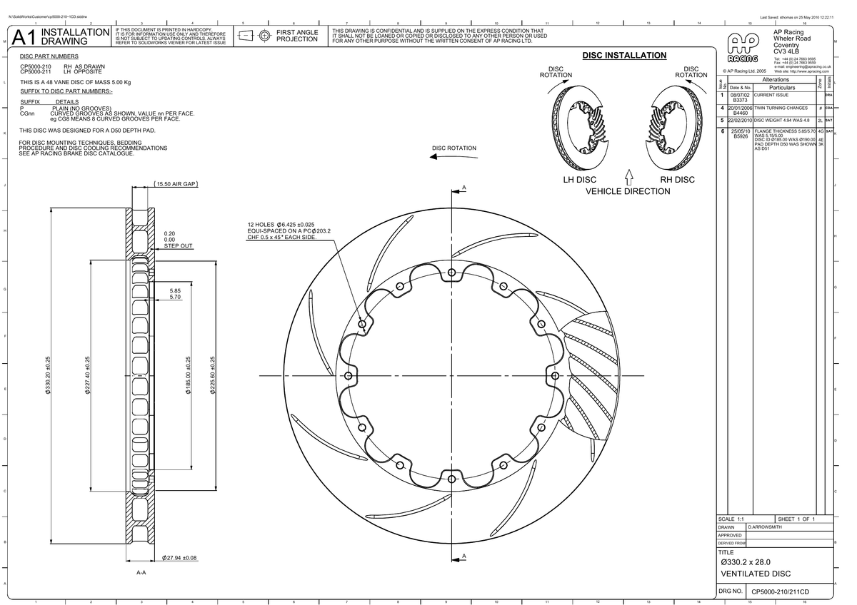 AP Racing Ventilated Brake Disc 330x28mm (CP5000-210/211) technical drawing