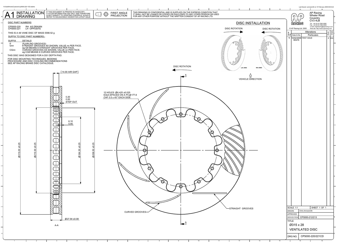 AP Racing Ventilated Brake Disc 315x28mm (CP5000-220/221) technical drawing