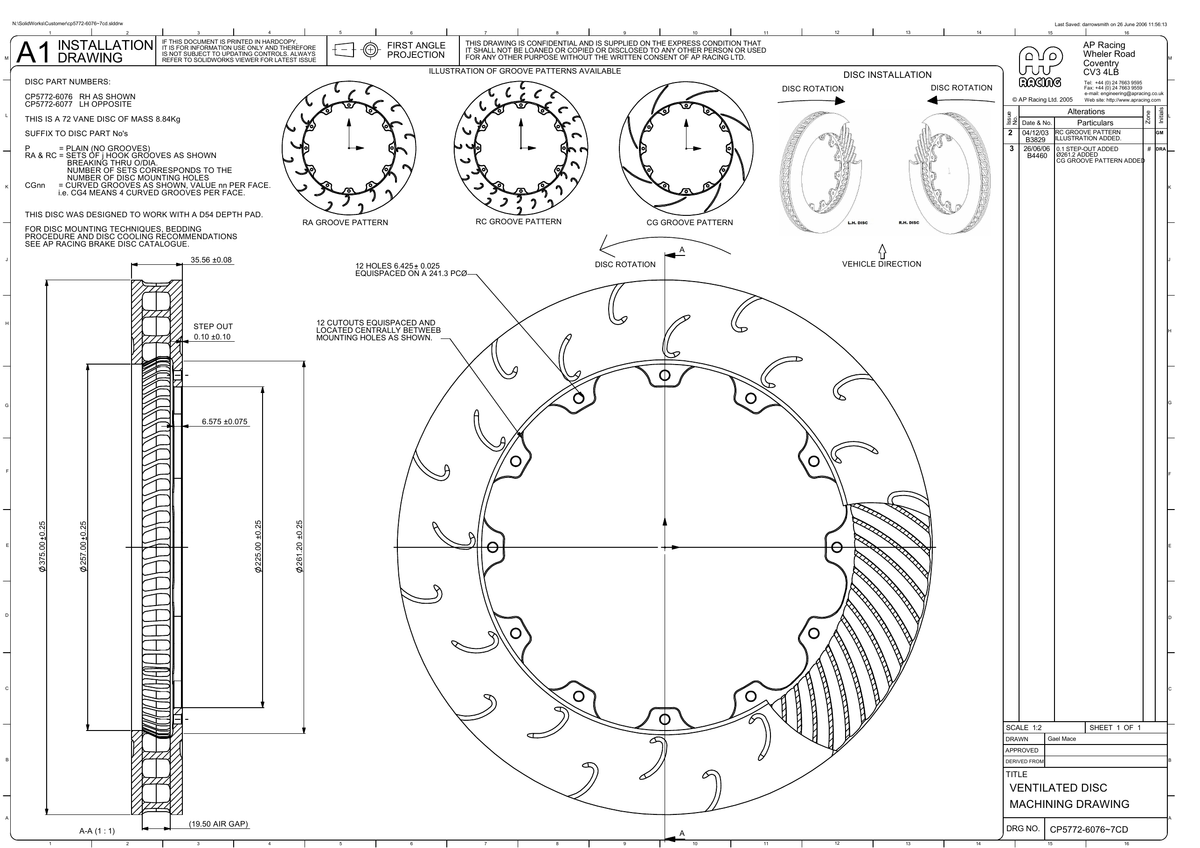 AP Racing Ventilated Brake Disc 375x36mm (CP5772-6076/6077) technical drawing