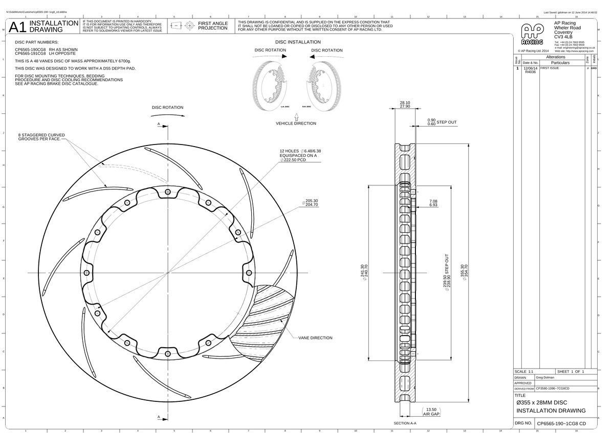 AP Racing Ventilated Brake Disc 355x28mm (CP6565-190/191) technical drawing