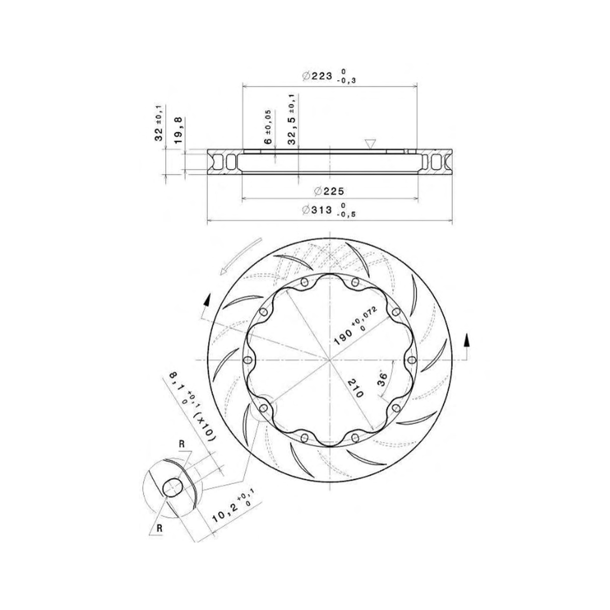 Brembo Racing 313x32mm Brake Disc technical drawing