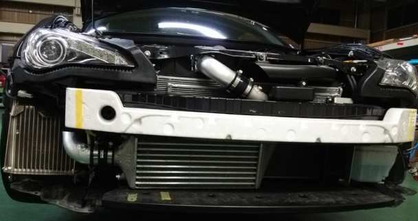 HKS new-layout intercooler installation example for GT86/BRZ; vehicle and supercharger assembly not included