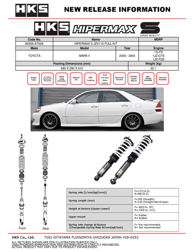 HKS HIPERMAX S Coilovers Toyota Verossa / Mark II (JZX110 / GX110) 80300-AT008 — manufacturer detail